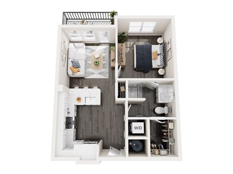 Floor plan for 1 bed, 1 bath, 633 sqft